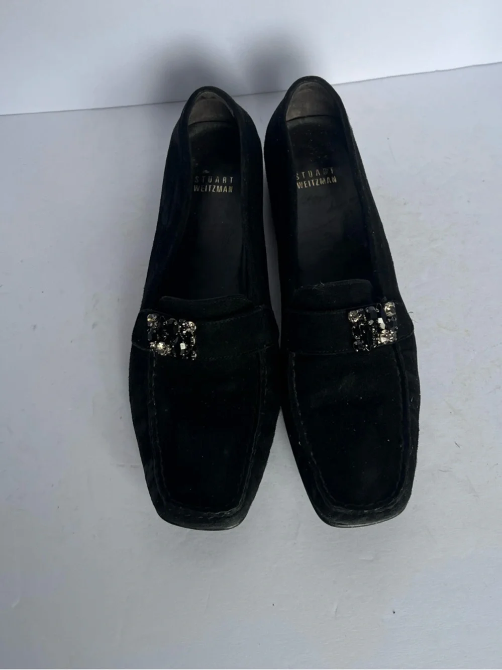 Stuart Weitzman Black Suede Loafers with Crystal‎ Buckle